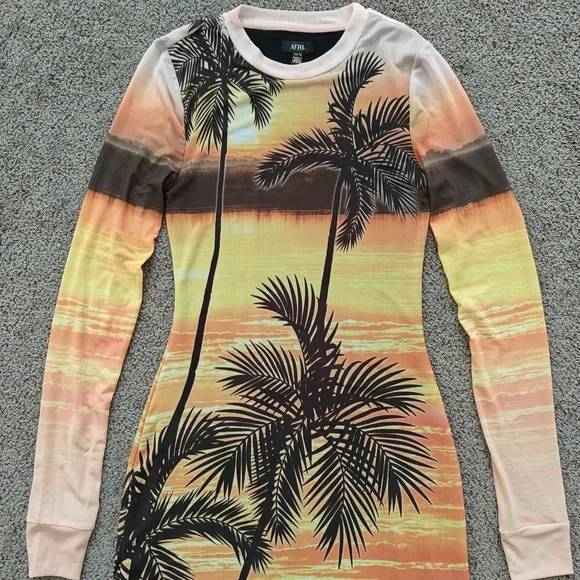 AFRM Dress Womens Extra Small Sunrise Palms Maxi Bodycon Mesh Scenic Print - Picture 4 of 12